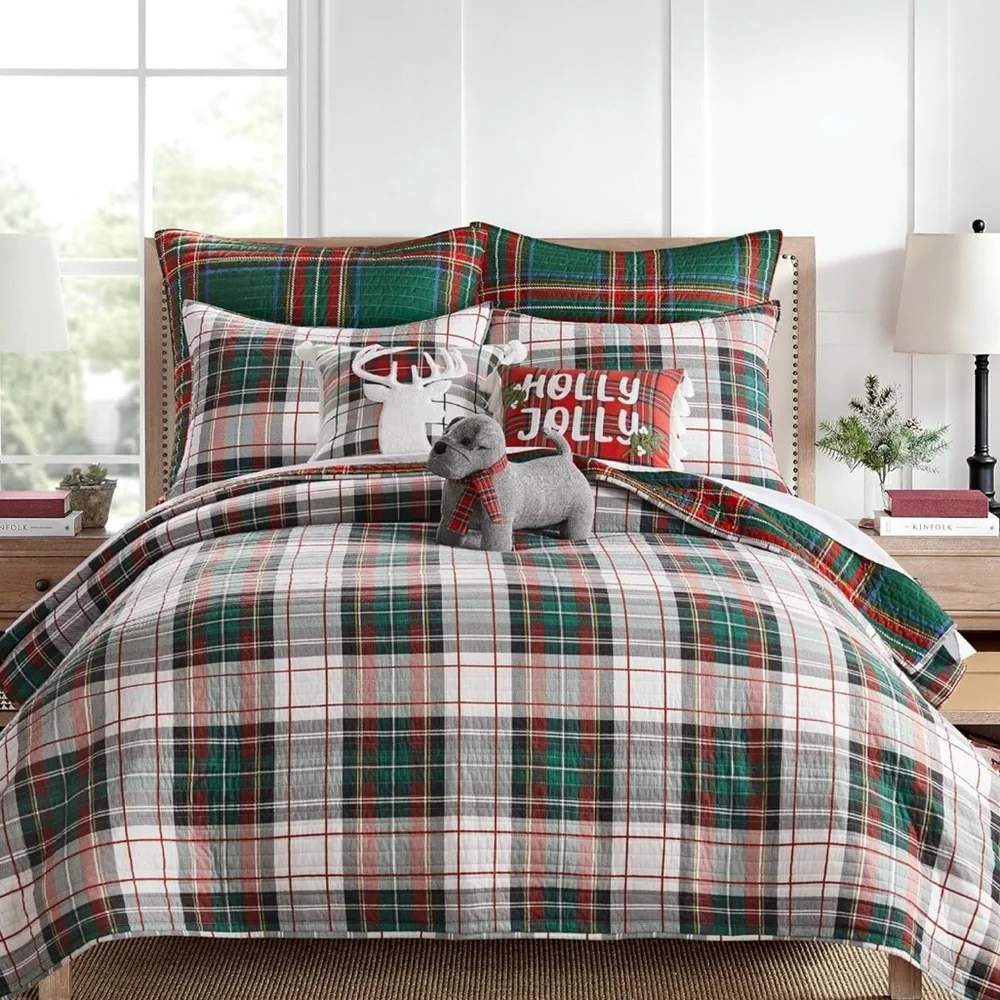 🆕 PB Style Christmas Tartan Plaid Quilt Stewart Print in King Bedding SET shams